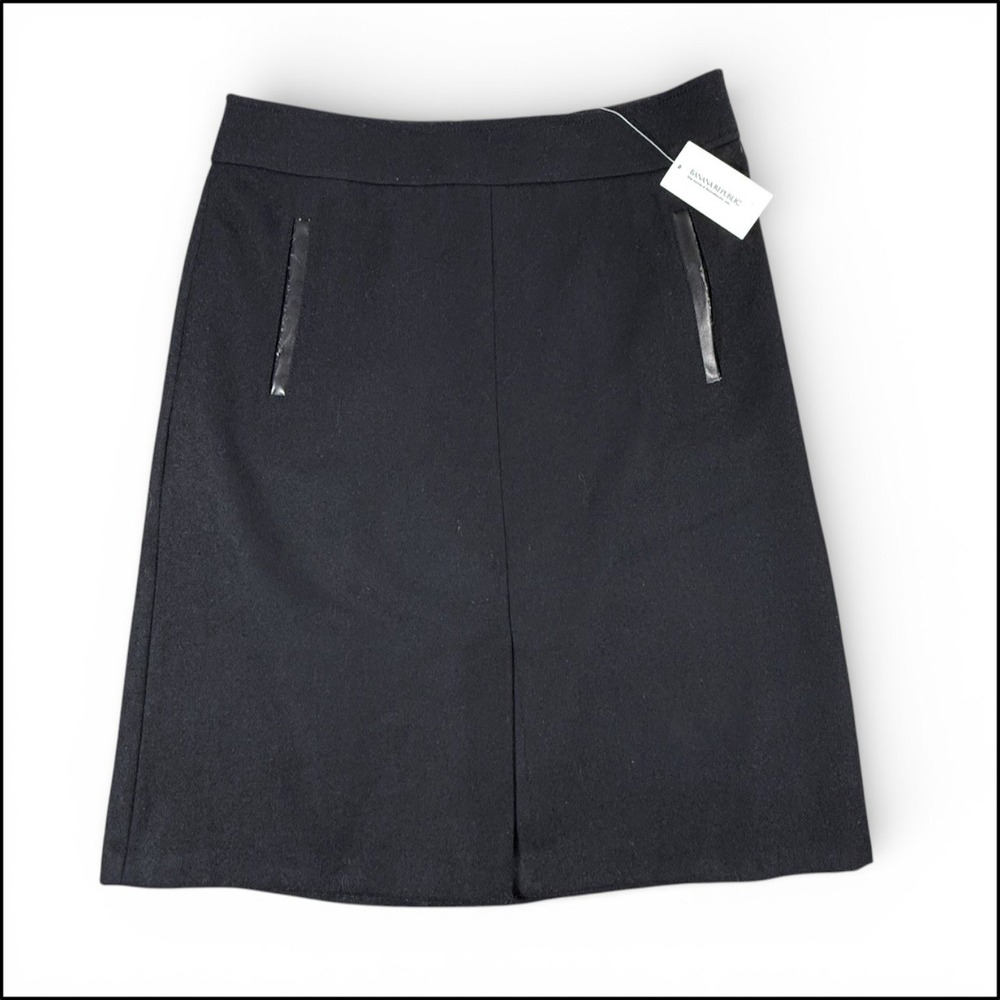 Banana‎ Republic Black Wool A-Line Knee Length Skirt 6 Faux Leather Trim NEW Y2K